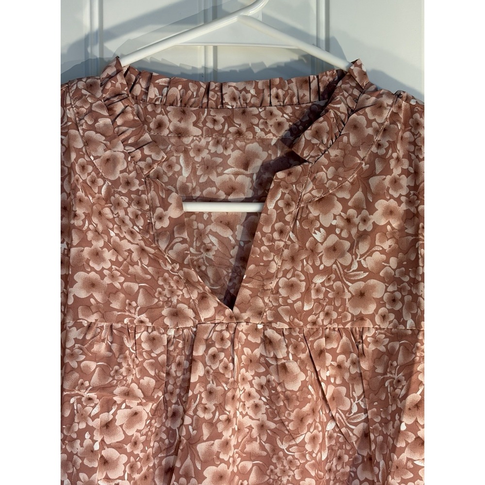 Women's 2X Blouse Pink Floral Ruffle Sleeve V-Neck Flowy Boho Top Plus Size - Picture 3 of 6